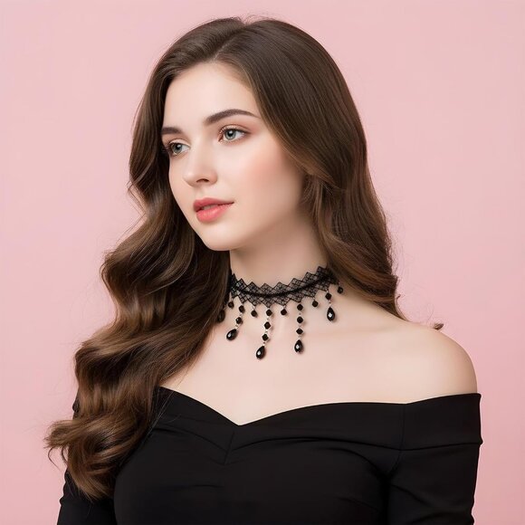 Gothic Black Choker Necklace for Women Gothic Black Necklace Adjustable Vintage - Picture 3 of 7